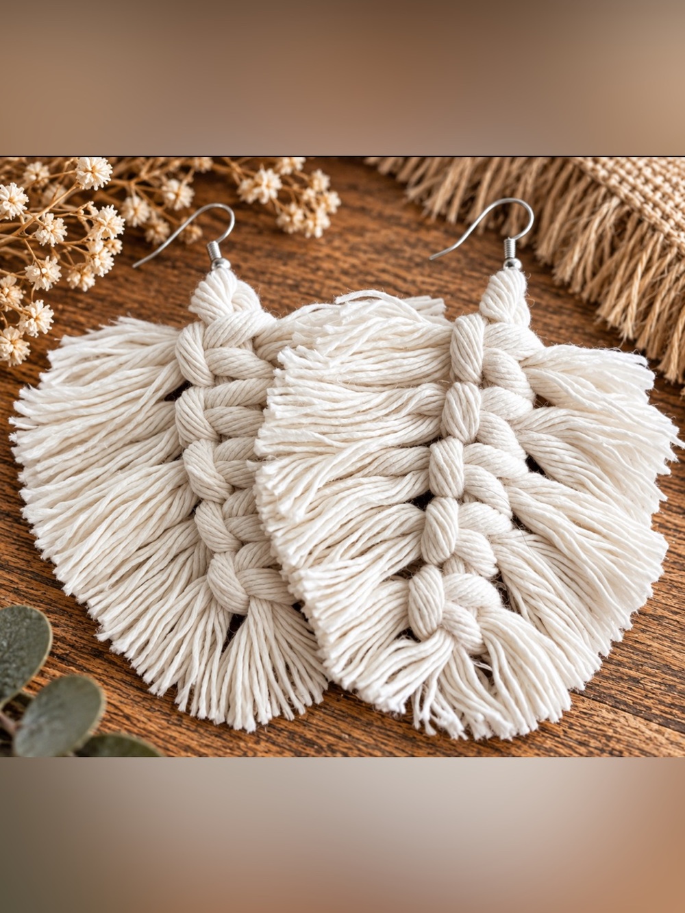 Handmade White Macrame Fringe Statement Earrings 3”